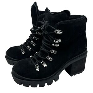 Jeffrey Campbell Black Suede Golan Leather Lug Heel Ankle Boots Womens 9.5M FLAW